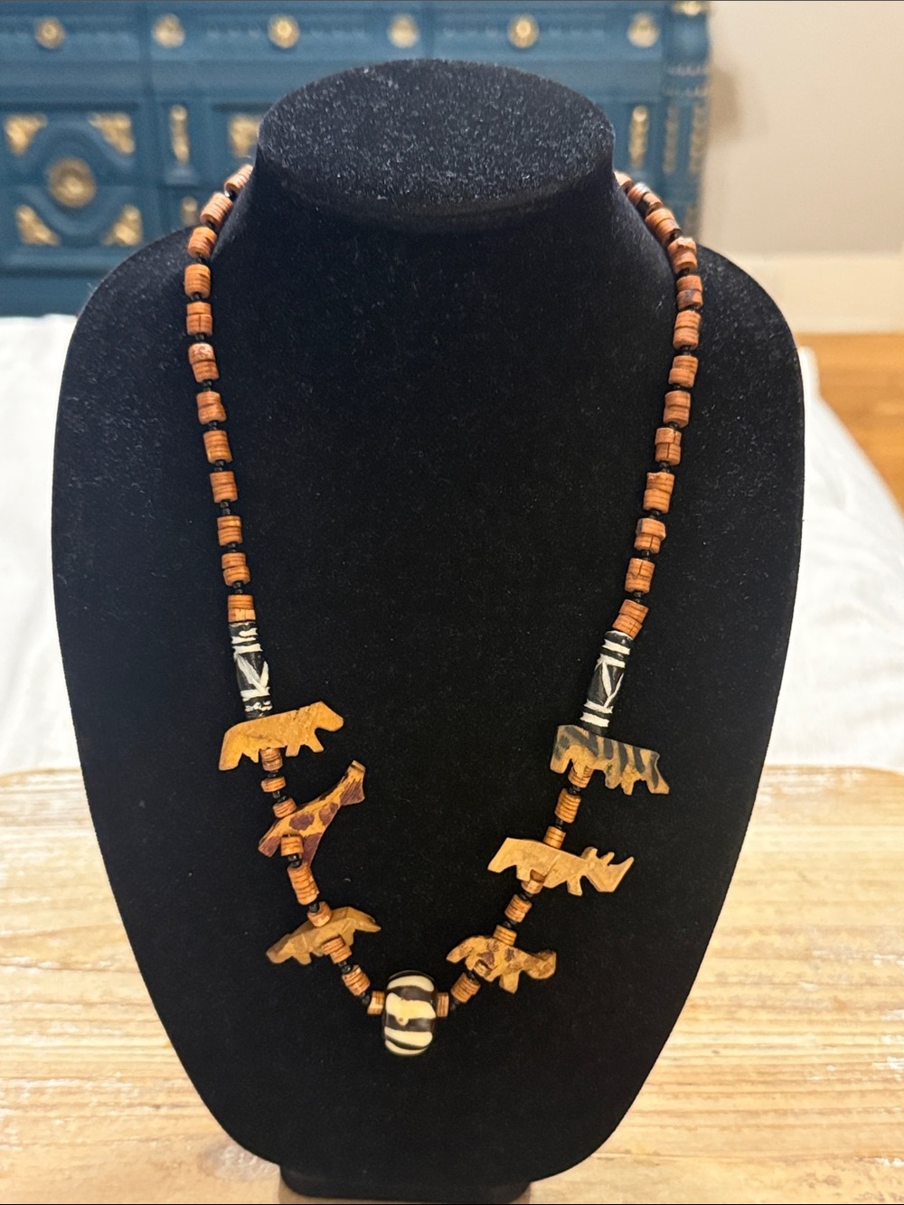 Vintage African Themed Animals Brown Wooden Beaded Lanyard Statement Necklace